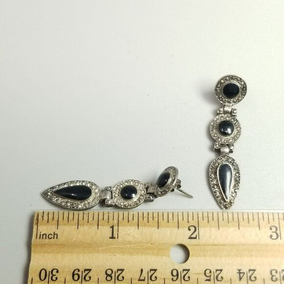 Vintage Black and Silver Tone Dangle Stud Earrings, 80s 90s Style, Estate - Picture 4 of 6